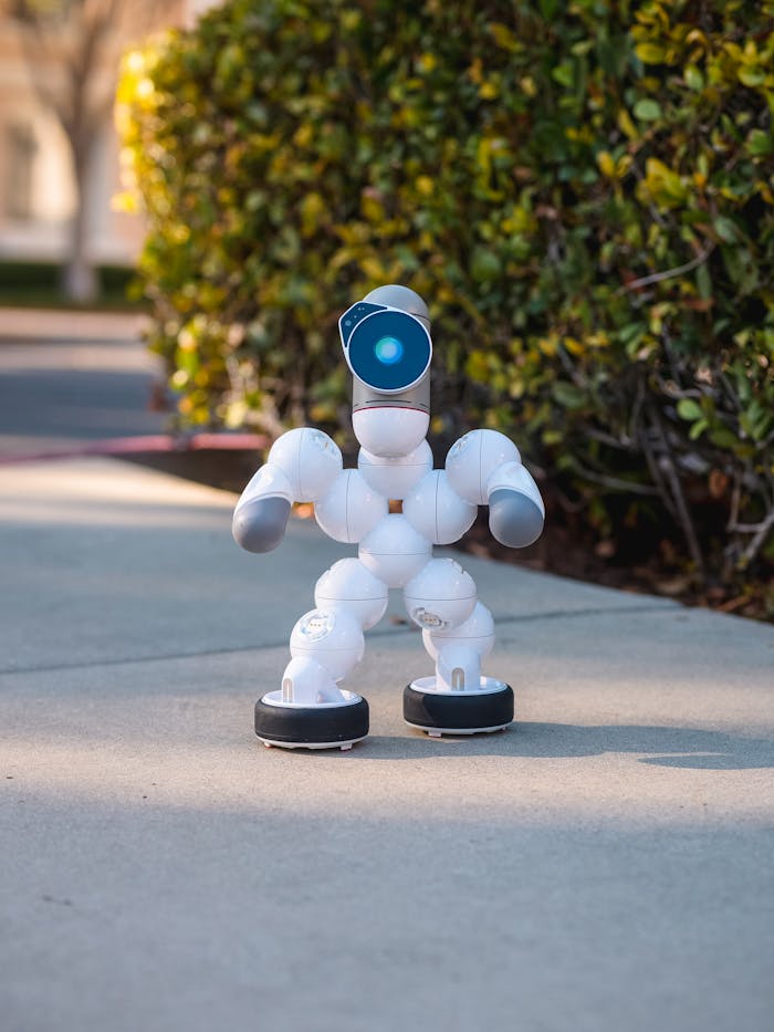 A cute humanoid robot posed on a sunlit pathway, illustrating modern technology outdoors.